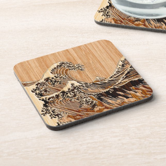 The Great Hokusai Wave Bamboo Wood Grain Style Coaster (Left Side)
