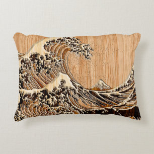 The Great Hokusai Wave Bamboo Wood Grain Style Decorative Cushion