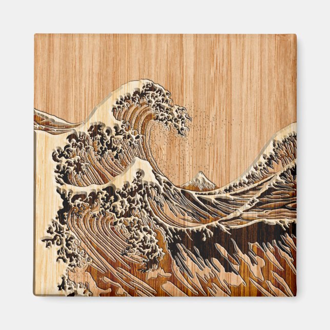 The Great Hokusai Wave Bamboo Wood Grain Style Magnet (Front)