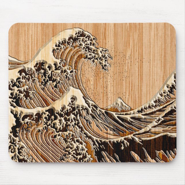 The Great Hokusai Wave Bamboo Wood Grain Style Mouse Mat (Front)