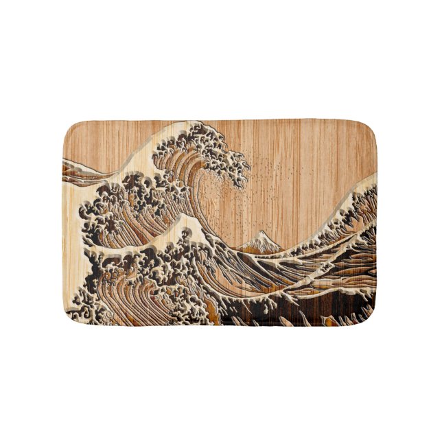 The Great Hokusai Wave Bamboo Wood Inlay Style Bath Mat (Front)