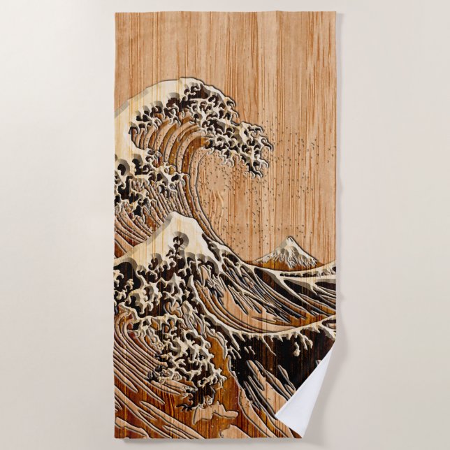 The Great Hokusai Wave Bamboo Wood Inlay Style Beach Towel (Front)