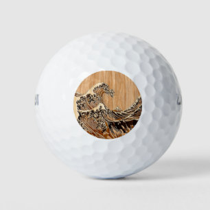 The Great Hokusai Wave Bamboo Wood Inlay Style Golf Balls
