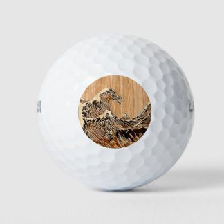 The Great Hokusai Wave Bamboo Wood Inlay Style Golf Balls