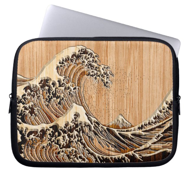 The Great Hokusai Wave Bamboo Wood Inlay Style Laptop Sleeve (Front)