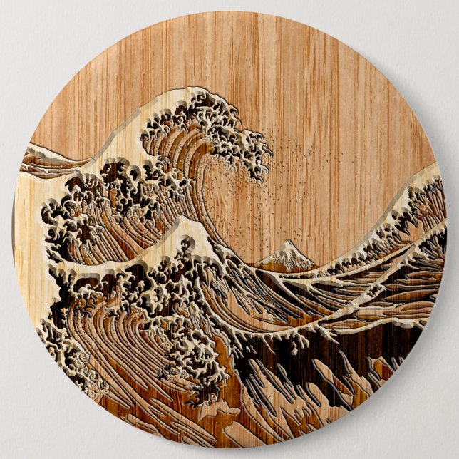 The Great Hokusai Wave Bamboo Wood Style 6 Cm Round Badge (Front)