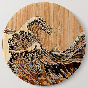 The Great Hokusai Wave Bamboo Wood Style 6 Cm Round Badge