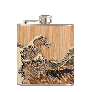 The Great Hokusai Wave Bamboo Wood Style Accent Hip Flask