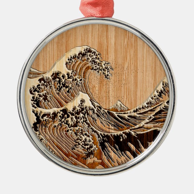The Great Hokusai Wave Bamboo Wood Style Accent Metal Tree Decoration (Front)