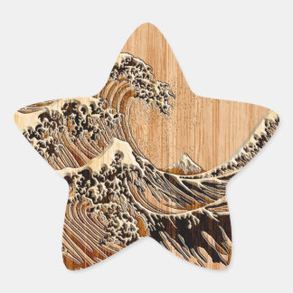 The Great Hokusai Wave Bamboo Wood Style Accent Star Sticker