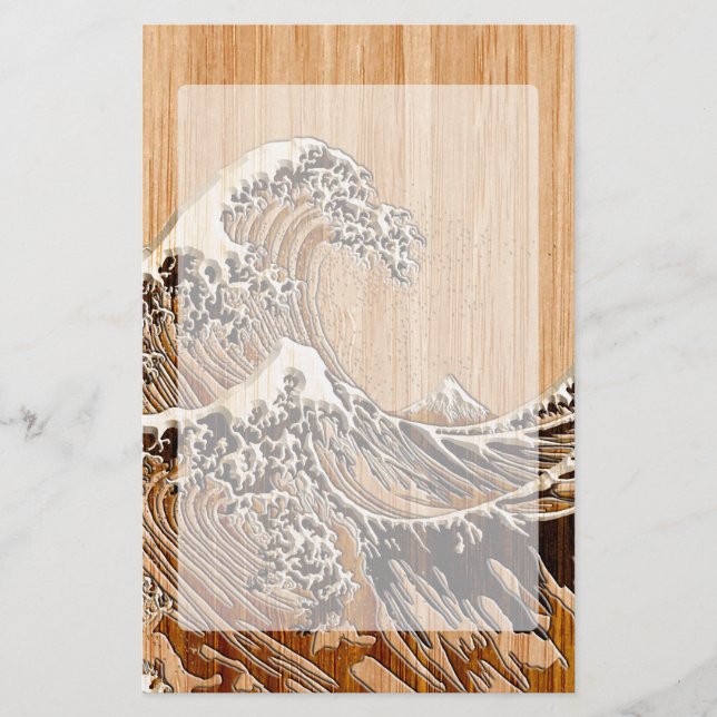 The Great Hokusai Wave Bamboo Wood Style Accent Stationery (Front)