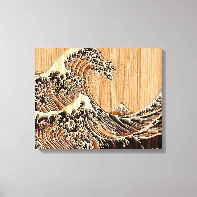 The Great Hokusai Wave Bamboo Wood Style Canvas Print (Front)