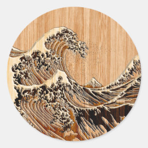 The Great Hokusai Wave Bamboo Wood Style Classic Round Sticker