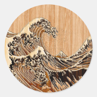 The Great Hokusai Wave Bamboo Wood Style Classic Round Sticker