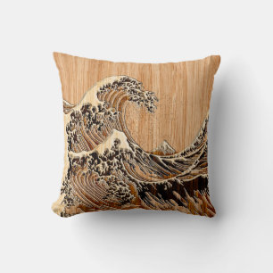The Great Hokusai Wave Bamboo Wood Style Cushion