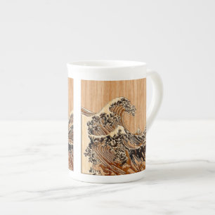 The Great Hokusai Wave Bamboo Wood Style decor Bone China Mug