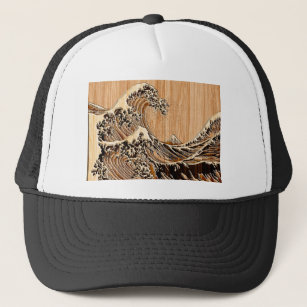 The Great Hokusai Wave Bamboo Wood Style decor Trucker Hat