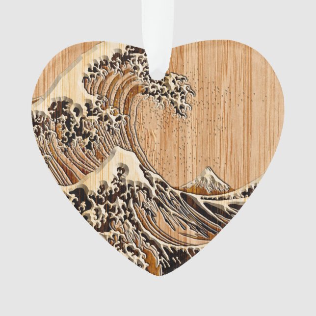 The Great Hokusai Wave Bamboo Wood Style Ornament (Front)