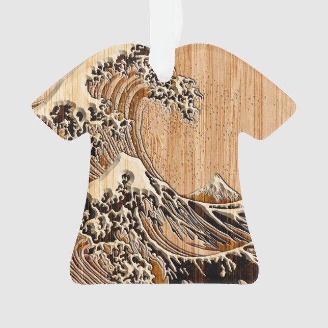 The Great Hokusai Wave Bamboo Wood Style Ornament (Front)