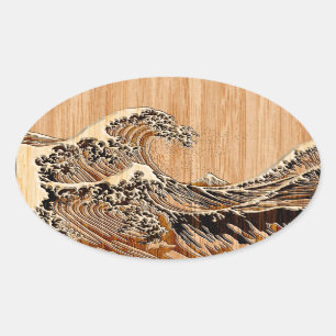 The Great Hokusai Wave Bamboo Wood Style Oval Sticker