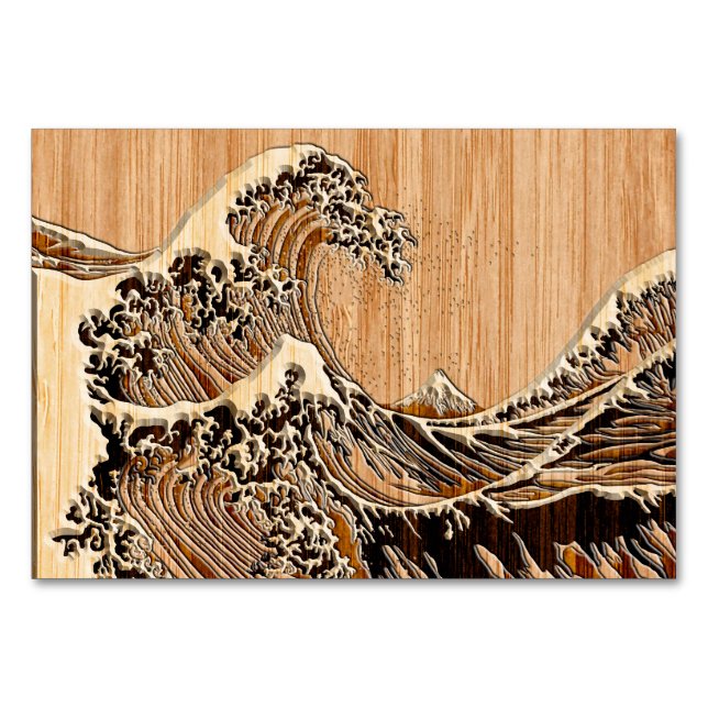 The Great Hokusai Wave Bamboo Wood Style Table Number (Front)