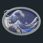 The Great Hokusai Wave Carbon Fibre Style Belt Buckle<br><div class="desc">A custom design inspired by the Great Wave of Kanagawa painted by ancient Japanese artist Hokusai. It is rendered as to look like silver chrome steel on a racy modern navy blue carbon fibre like background. Sounds good, a great gift idea. Use the "Ask this Designer" link to contact us...</div>