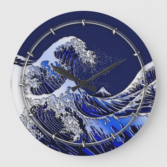 The Great Hokusai Wave Carbon Fibre Style Large Clock (Front)