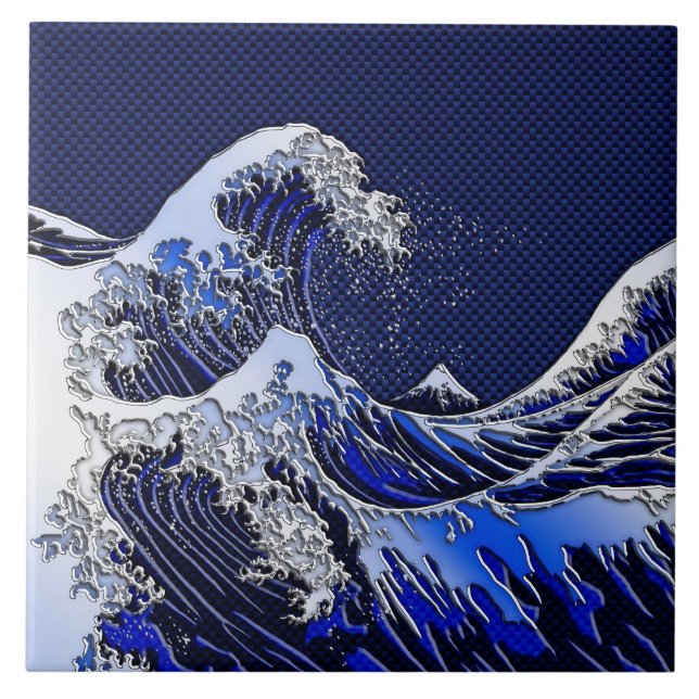The Great Hokusai Wave Carbon Fibre Style Tile (Front)