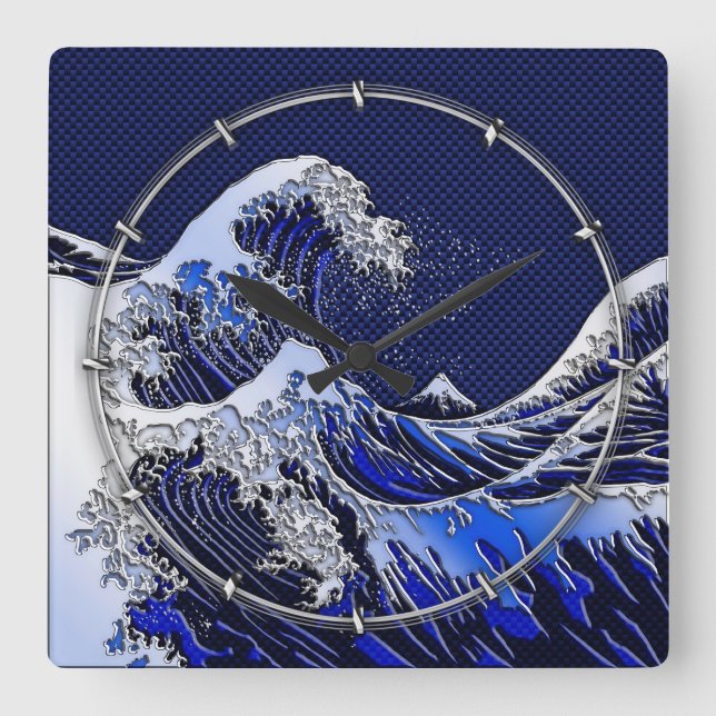 The Great Hokusai Wave chrome carbon fiber Decor Square Wall Clock (Front)