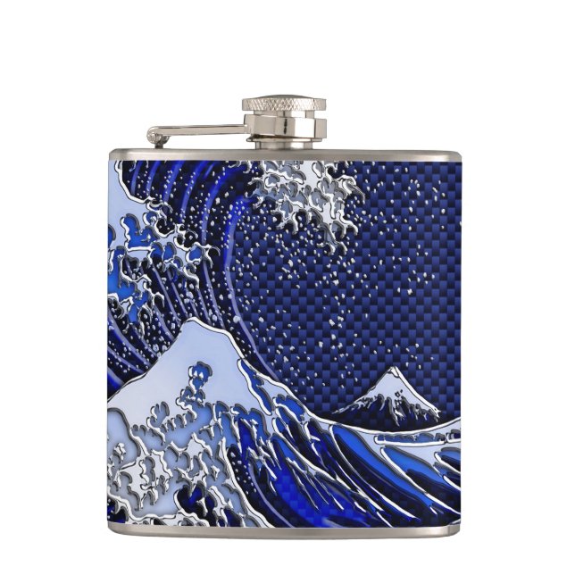 The Great Hokusai Wave chrome carbon fibre Decor Hip Flask (Front)