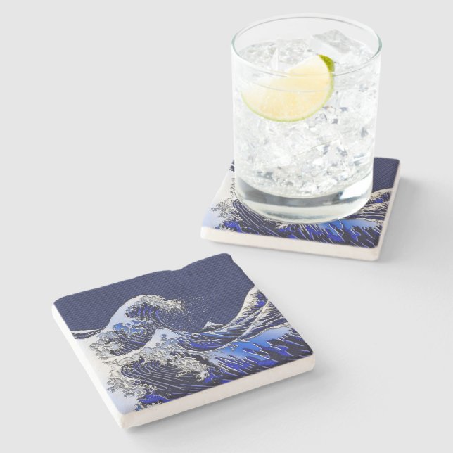The Great Hokusai Wave chrome carbon fibre Decor Stone Coaster (Side)