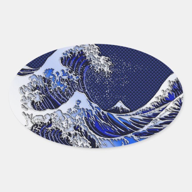 The Great Hokusai Wave chrome carbon fibre styles Oval Sticker (Front)