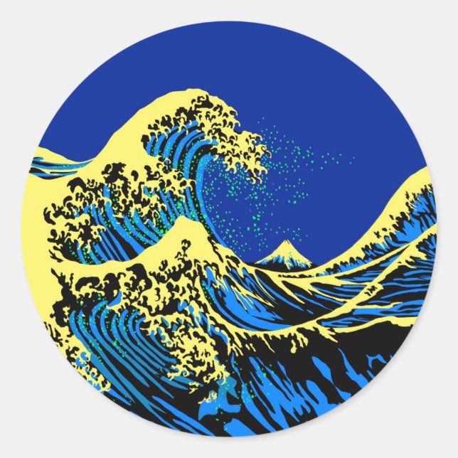 The Great Hokusai Wave in Blue Yellow Pop Style Classic Round Sticker (Front)