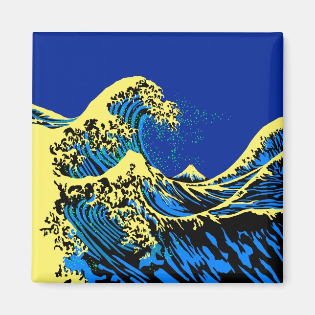 The Great Hokusai Wave in Blue Yellow Pop Style Magnet (Front)