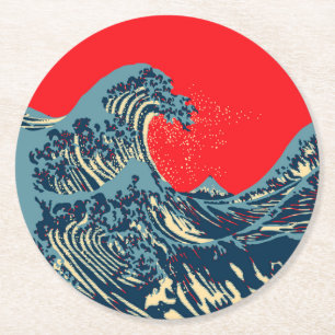 The Great Hokusai Wave in Colourful Style Round Paper Coaster