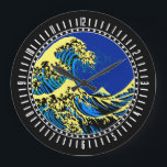 The Great Hokusai Wave in Pop Art Style Dial on a Large Clock<br><div class="desc">A custom design inspired by the Great Wave of Kanagawa painted by ancient Japanese artist Hokusai. It is rendered in a vibrant blue pop art style. Sounds good, a great clock face gift idea. Use the "Message" link to contact us with your special design requests or for some assistance with...</div>
