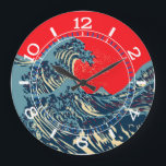 The Great Hokusai Wave in Pop Art Style Dial on a Wall Clock<br><div class="desc">A custom design inspired by the Great Wave of Kanagawa painted by ancient Japanese artist Hokusai. It is rendered in a vibrant blue pop art style. Sounds good,  a great clock face gift idea. Message</div>
