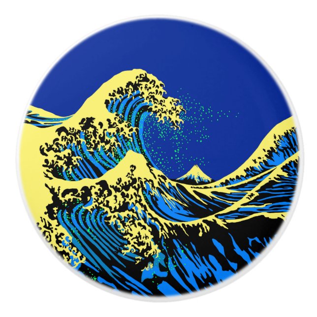 The Great Hokusai Wave in Vibrant Pop Style Ceramic Knob (Front)