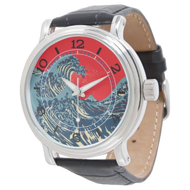 The Great Hokusai Wave in Vibrant Style Dial Watch (Angled)