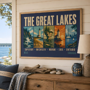 The Great Lakes Landmarks Illustration Vintage Poster