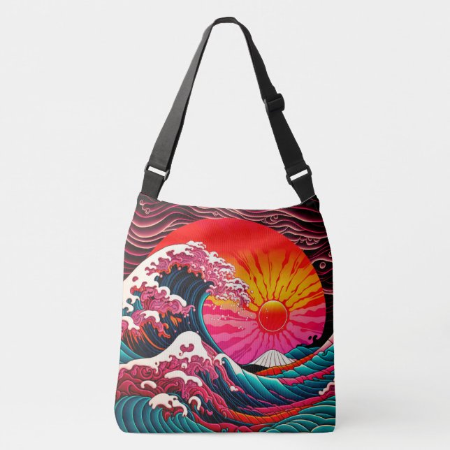 The Great SynthWave of Kanagawa Retro 80s Crossbody Bag (Front)