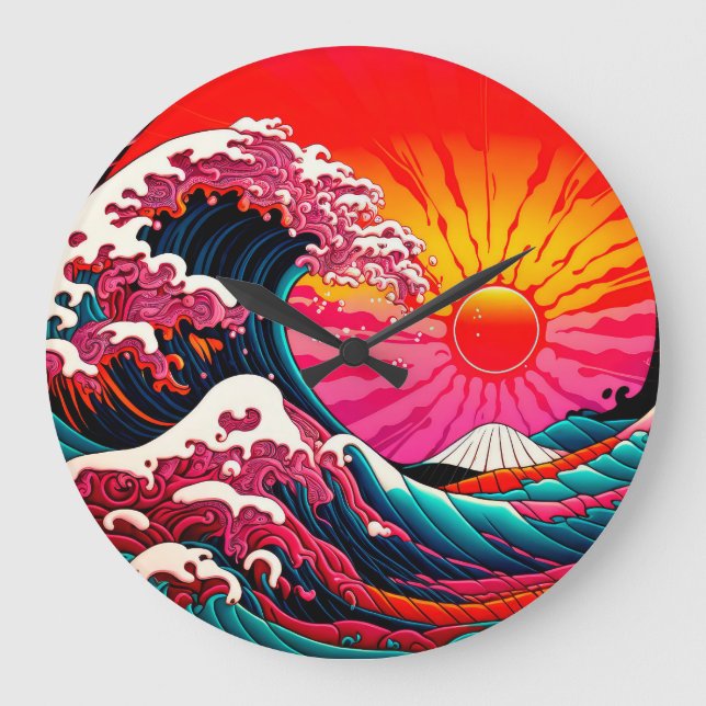 The Great SynthWave of Kanagawa Retro 80s Large Clock (Front)