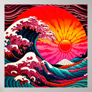 The Great SynthWave of Kanagawa Retro 80s Poster