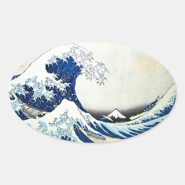 "The Great Wave" Japanese Painting by Hokusai Oval Sticker (Front)