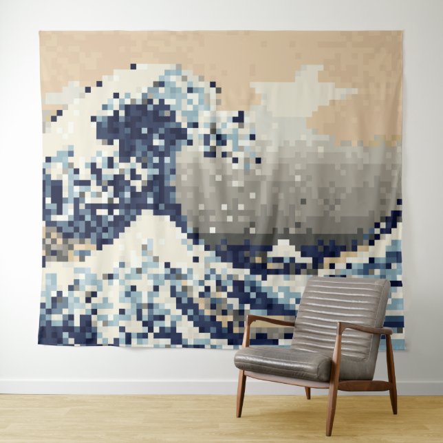 The Great Wave off Kanagawa 8 Bit Pixel Art Tapestry (In Situ (Horizontal))
