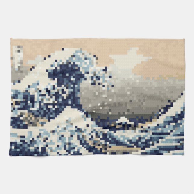 The Great Wave off Kanagawa 8 Bit Pixel Art Tea Towel (Horizontal)