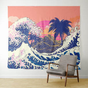 The great wave off kanagawa and palm trees tapestry