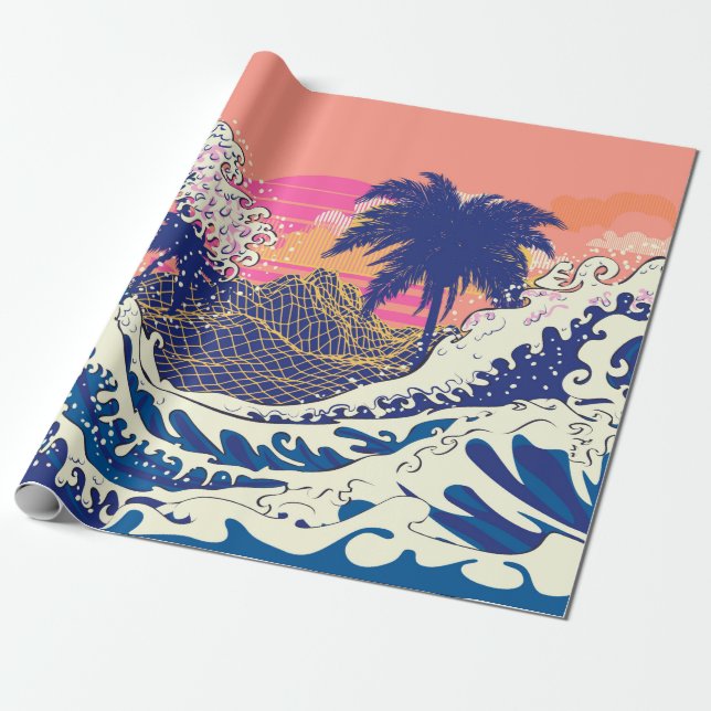 The great wave off kanagawa and palm trees wrapping paper (Unrolled)