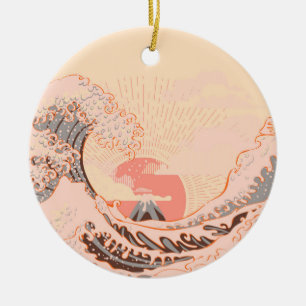 The great wave off kanagawa at sunrise ceramic tree decoration