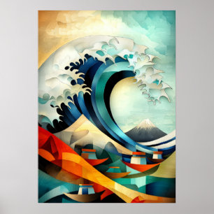 The Great Wave off Kanagawa - Cubist Minimalist Poster